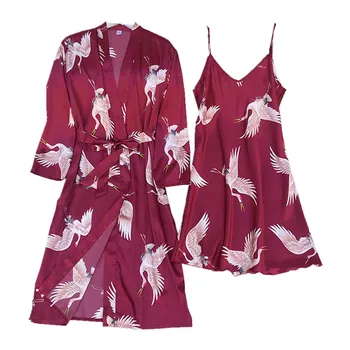

Ladies Nightgown Comfort Silk Satin Crane Printed Sleepdress 2Pcs Sexy Thin Women Long Sleeve Soft Robe For Spring And Autumn