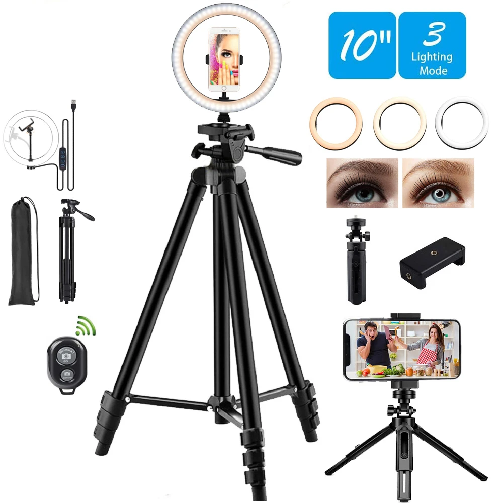 

10" LED Selfie Ring Light Trepied Tripod Phone Stand Holder Dimmable Lamp Circle Fill Light Desktop RingLight Makeup Photography