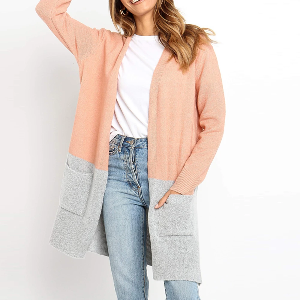 

Contrast Color Cardigan With Pocket Slim Sweater Women Split Casual 2019 Winter Clothes Knit Pink Long Cardigan Casaco Feminino