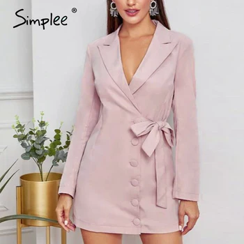 

Simplee Sexy v-neck office dress Wrap high waist buttons solid spring blazer dress Ladies logn sleeve lapel strap bodycon dress