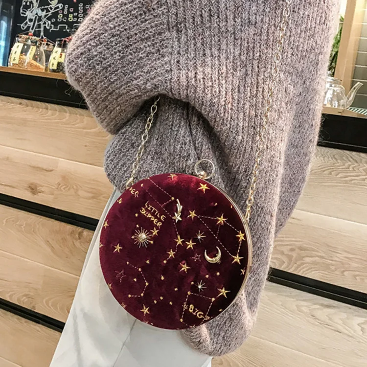 ABZC-Starry Sky Circular Fashion Suede Shoulder Bag Chain Belt Women'S Crossbody Messenger Bags Ladies Purse Female Round Handba