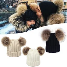 Зимние вязаные шапки с двойным помпоном, вязаные шапки, теплые шапки-бини для женщин, эластичные мягкие детские спортивные шапки