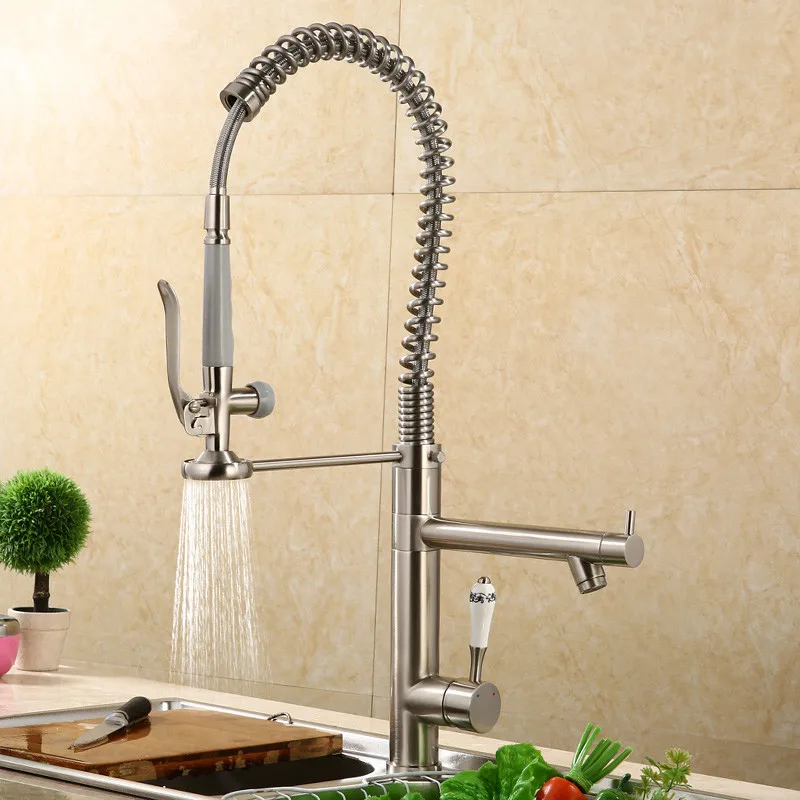 Kitchen Sink Faucets Solid Brass Pull Down Spring Spray Nozzle Mixer Tap Hot & Cold Rotating Deck Mounted with Ceramic Handle |