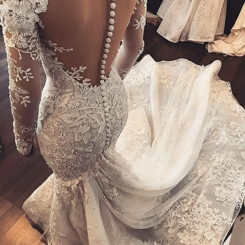 vestido novia 2019 Sexy Mermaid Wedding Dress Long Sleeve White Lace Applique Brida Wedding Gowns Open Back Bride Wedding Dress (2)