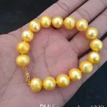 Большая 7,"-8" 11-12 мм Подлинная Южная Морская Золотая жемчужная брошь браслет Золотая брошь