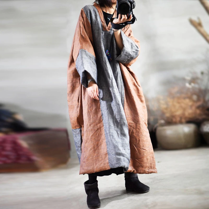 

Women Linen Vintage Dresses Patchwork V-Neck Long Sleeve 2020 Spring New Warm Plus Size Women Clothing Casual Dresses