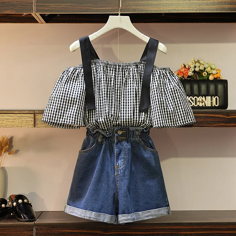 

2019 Summer Wear Large Size Dress Fat Mm Plaid off-Shoulder off-Shoulder Shirt Pine jin yao Denim Shorts Two-Piece Set