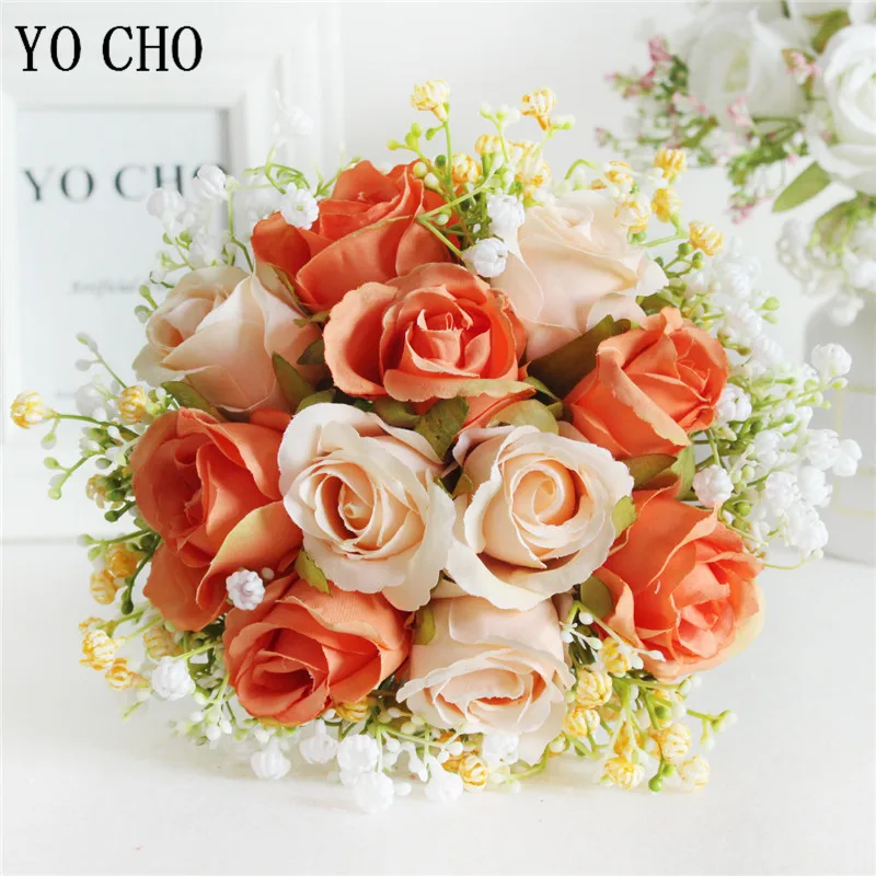 Wedding bouquets artificial rose flowers artificial gypsophila plants YO CHO Bouquet Bride Wedding Flower Bouquet Artificial Silk Rose Fake Babys Breath Pink Bridesmaid Hold Flower Wedding Supplies