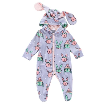 

2020 Baby Boy Girl Rompers Long Sleeve Hooded Cotton Cute Cartoon Rabbit Ears Outfits Spring And Autumn