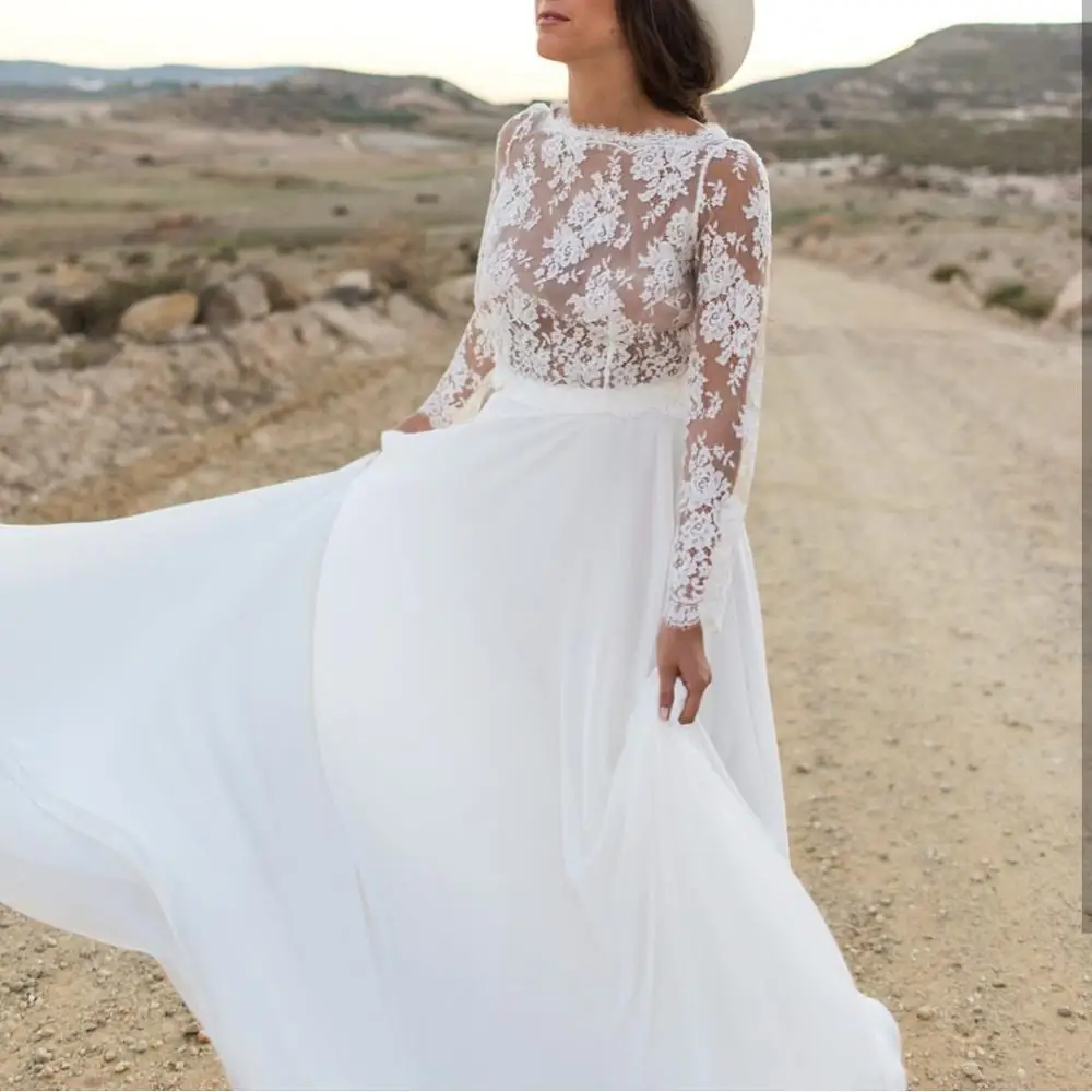 

Bohemian Wedding Dress 2020 Long Sleeve robe de mariage Soft Lace and Chiffon Two Pieces Floor Length Simple Beach Bridal Gowns