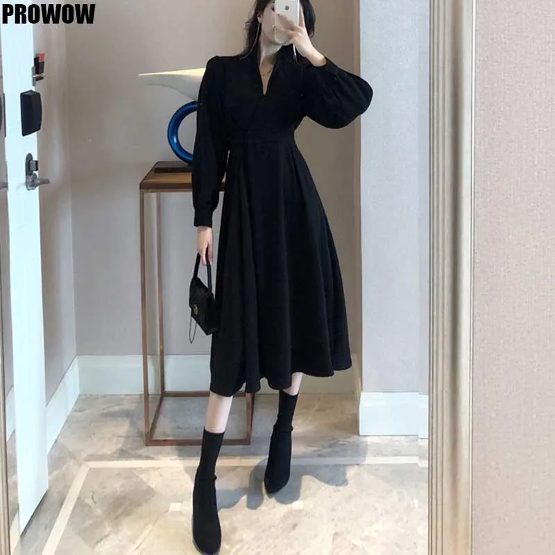 2020 Spring Autumn Women V Neck Lantern Sleeve Casual Long Dresses Ladies Korean Elegant Plus Size Chic Slim Dresses Vestidos