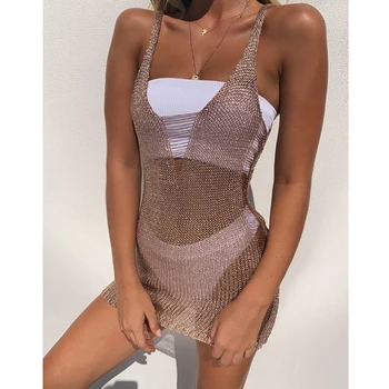 

Misswim Sexy transparent short beach dress women Summer gold see through swimsuit cover ups female Beach wear large size biquini