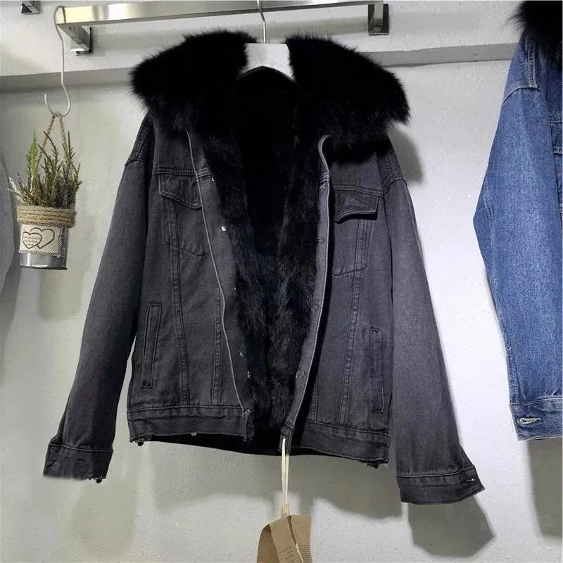 Big Fur Collar Denim Jacket Women Short 2025 Winter New Wild Korean Loose Velvet Thick Cotton Padded Coat Female Jean Coat