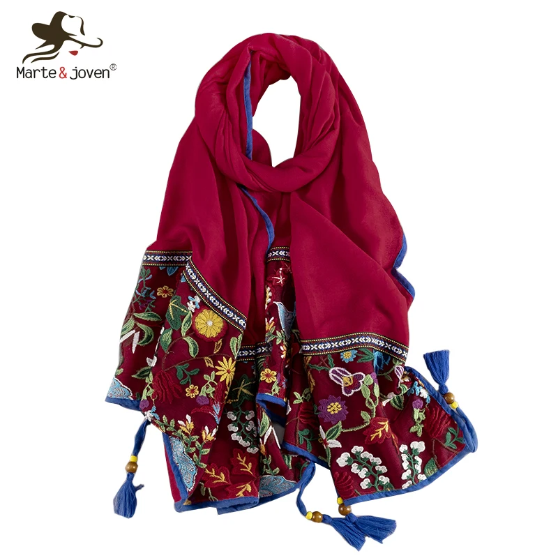 

Marte&Joven Ethnic Embroidered Thicken Pashmina Wrap Women Elegant Winter Warm Scarf with Wood Beads Soft Stole Shawl