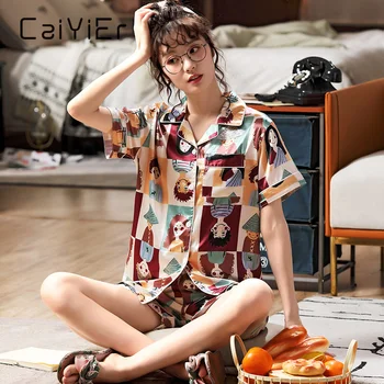 

CAIYIER Summer Cartoon Printing Pajamas Set Cute Short Sleeve Silk Turn-down Collar Sexy Girl Casual Nightgown Sleepwear M-2XL