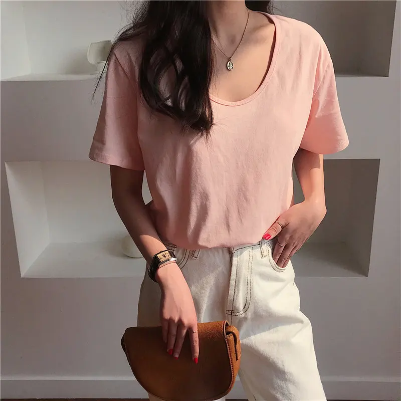 HziriP Summer Tee Solid Brief 2021 Short Sleeves Casual Sweet Minimalist Slim Cotton Tops All Match Chic Loose Basic T-Shirts | Женская