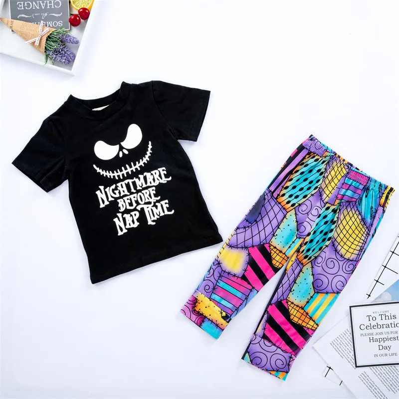 

Baby Girl Halloween Outfits Nightmare Before Nap Time Letters Print Black Tshirts Colorful Pants 2 Pcs Set Baby Girl Summer Set