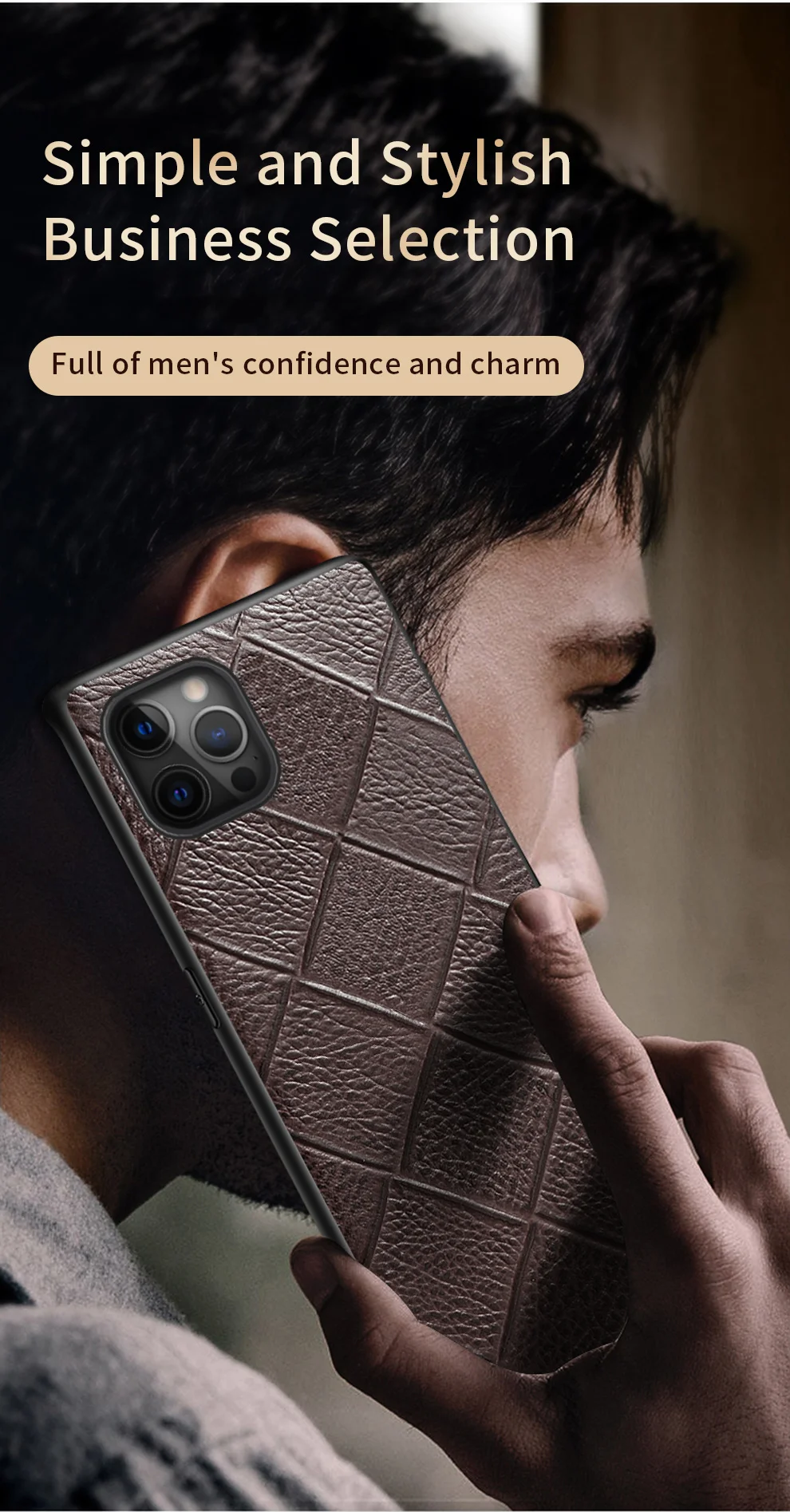 Genuine Leather Rhombus Grain Phone Cases For iPhone 12 Pro Max 2