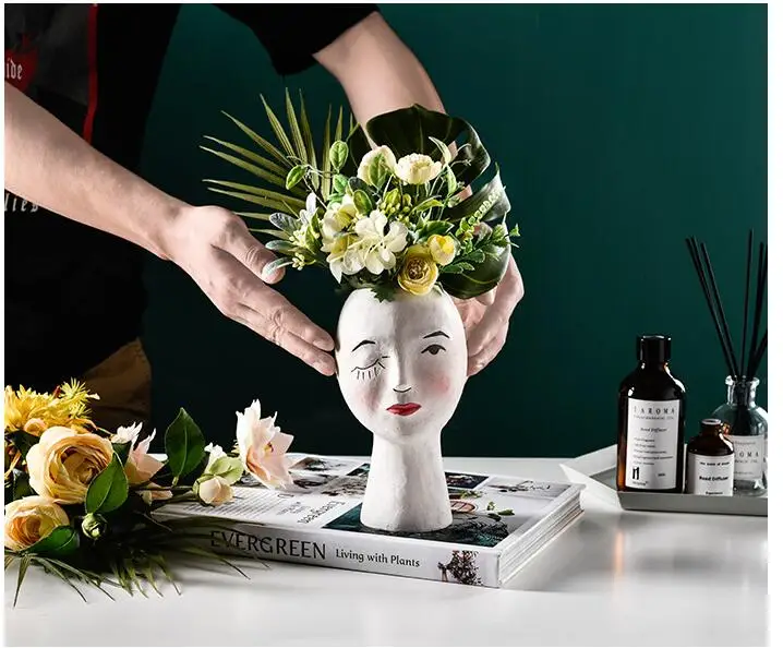 European Resin Vase Head Portrait Sculpture Flower Pot Decoration Ornaments Home Livingroom Office Desktop Furnishing Crafts Art