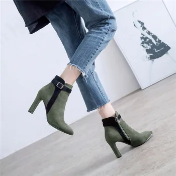 

2018 Autumn Patchwrok Flock Buckle Strap Design High Heels Ankle Riding Boots Green Black Gray Womens Shoes Plus Size 43