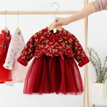 

Baby Girl Dress New Year Clothing Long Sleeve Traditional Dress Cheongsam Children Girls Flower Clothes Chinese Velvet Qipao