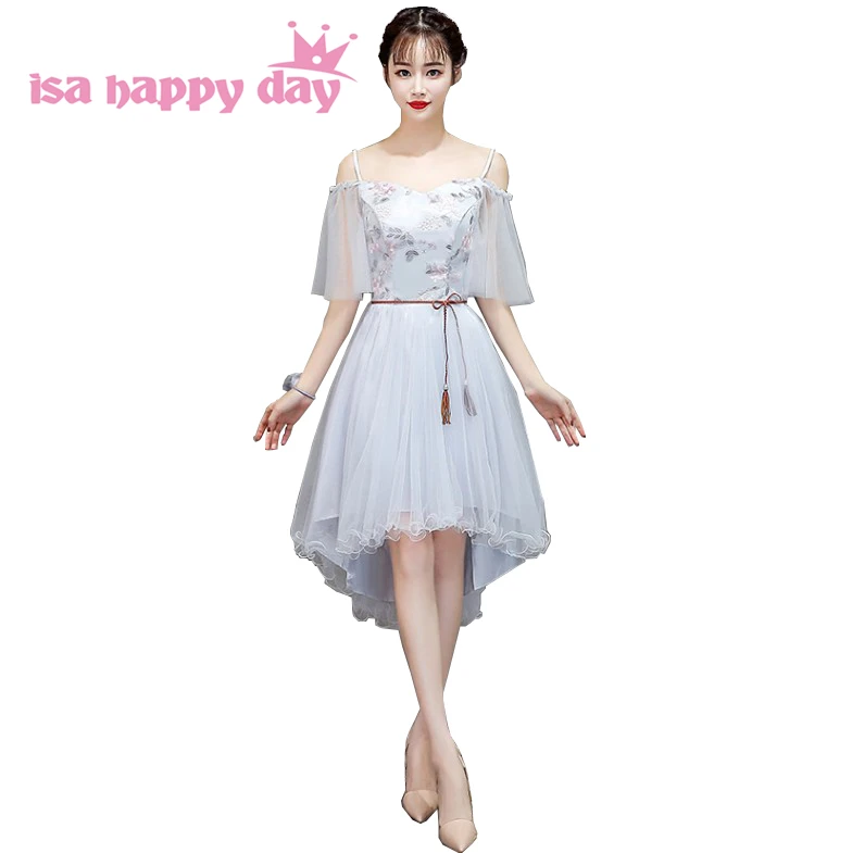most popular light gray lace asymmetrical modest high low bridesmaid dresses short in front long back with sleeves W4310 | Свадьбы и