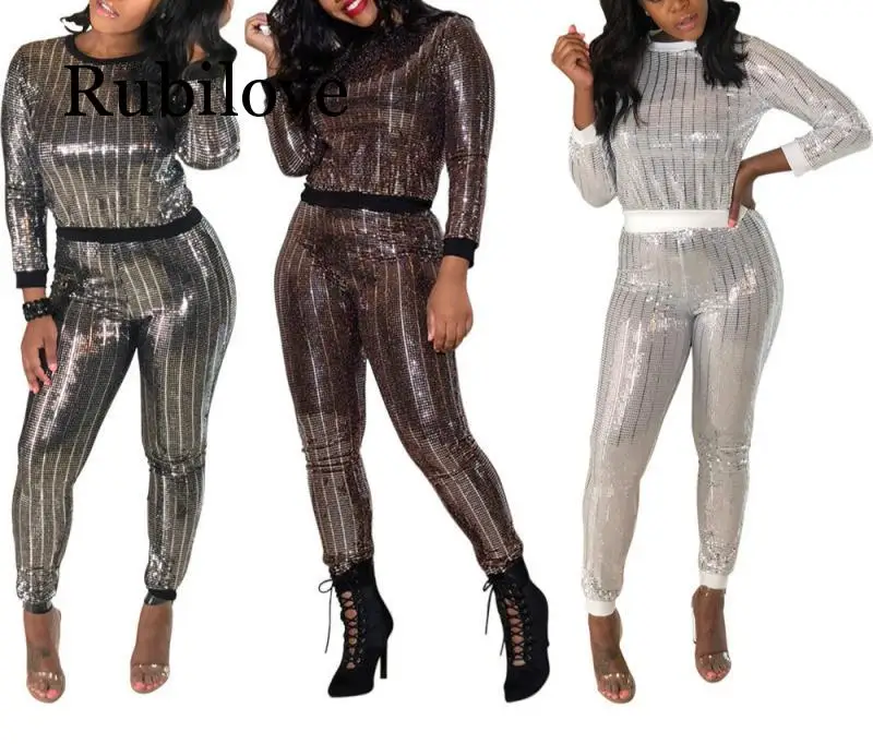 

Nightclub Women Two Piece Outfits Winter Sexy Sequins Long Sleeve Multicolor Set Trainingspak Vrouwen Womens Tops and Blouses