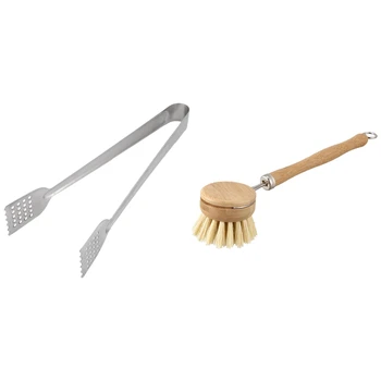

Home Bakery Metal Mesh Hole Flat Head Bread Salad Food Tong Clip with 1PC Wooden Long Handle Pan Pot Brush