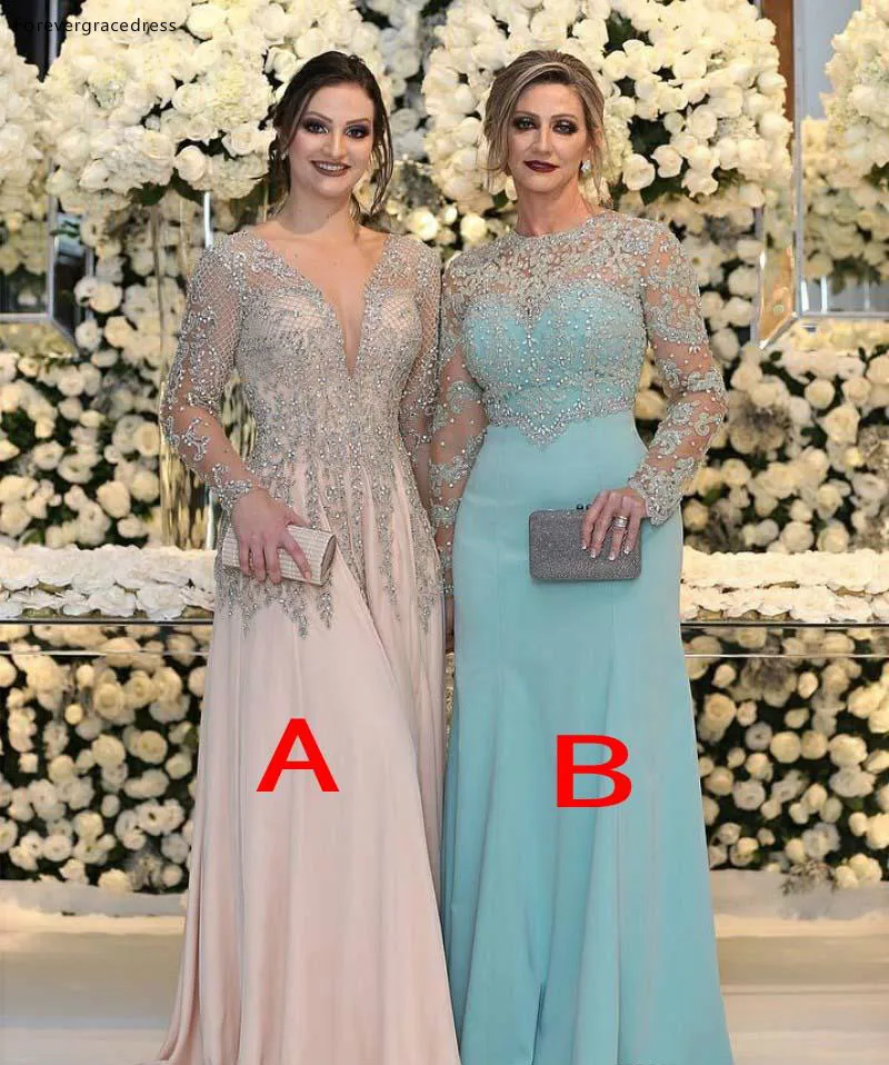 Beaded Mother of the Bride Dresses Sheer Long Sleeves Formal Godmother Evening Wedding Party Guests Gown Plus Size