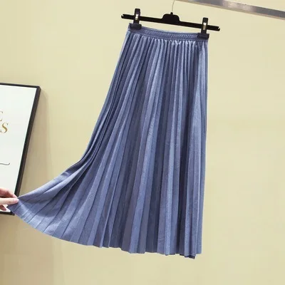 blue grey PEONFLY, элегантные плиссированные юбки с высокой талией для женщин, весна, замшевые длинные макси юбки, Saias Midi Faldas, винтажные женские синие розовые юбки - Цвет: blue grey