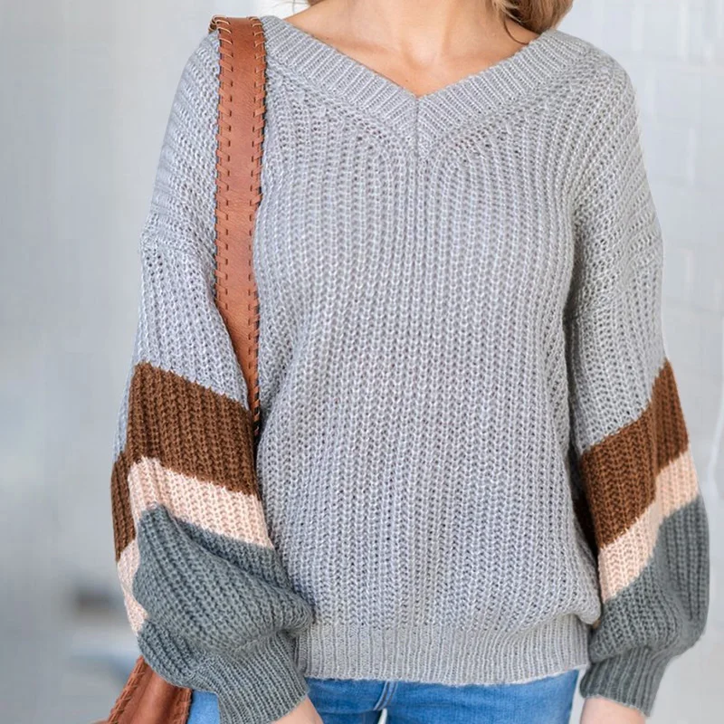 LADY Colorblock Striped Long Sleeve Knitted Sweater V-neck Dropped Shoulder Loose Casual Pullover Autumn Winter Knitwear Jumper | Женская
