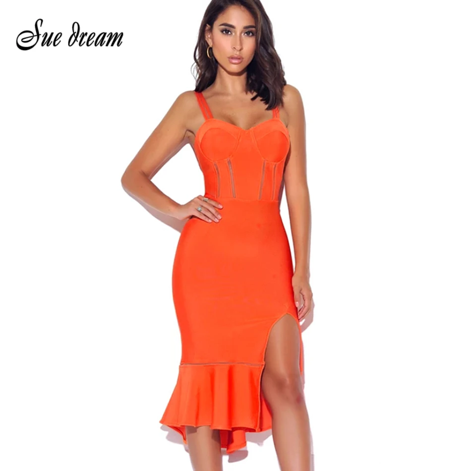 

2019 Autumn New Women'S Fashion Sexy Orange Spaghetti V-Neck Split Bandage Dress Bodycon Club Party Dress Vestidos
