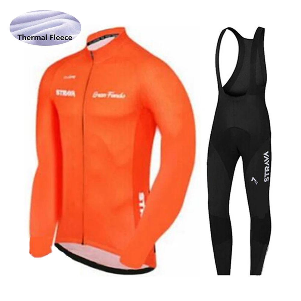 

2019 Strava Orange Winter Thermal Fleece Cycling Clothing Set Maillot Ropa Ciclismo Invierno MTB Bicycle Jerseys Bike Sportswear