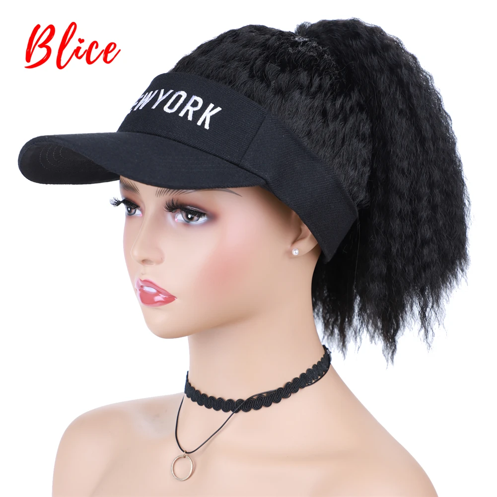 Blice Synthetic Curly Hair Ponytail Extension Wig Kinky Straight Travel Beach Baseball Cap All-in-one Easy to Wear Hat Wig