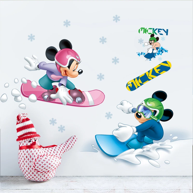 Disney Mickey Minnie Go Skiing Wall Stickers For Kids Rooms Bedroom Home Decor Cartoon Wall Decals Pvc Mural Art DIY Wallpaper