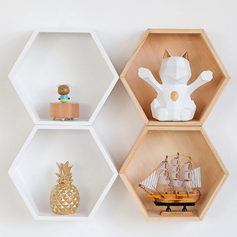  Nordic Style Wooden Shelf Storage Stand Hexagon Honeycomb Wall Shelves For Nursery Children's Room 