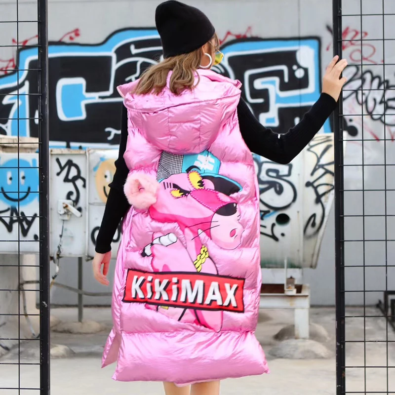 Pink Новинка, розовое, Серебряное женское Стеганое пальто,, зимняя женская розовая пантера, жилет, парка, пальто, женское без рукавов, хлопковое Стеганое пальто с капюшоном - Цвет: Pink