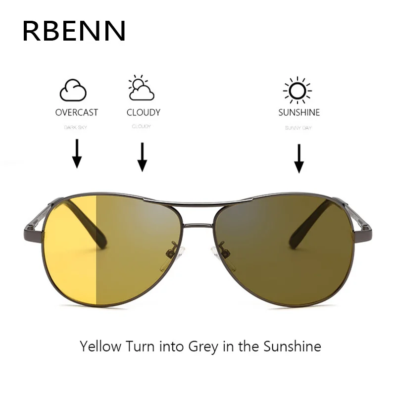 RBENN Pilot, поляризационные солнцезащитные очки для мужчин, фотохромные вождения, солнцезащитные очки, Классические хамелеон, тени, день, ночное видение, очки UV400