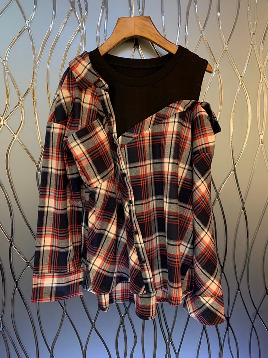 

2019 Early Autumn New Woman Irregular Stitching Neckline Single Shoulder Lattice Long Sleeve Bottom Jacket 831