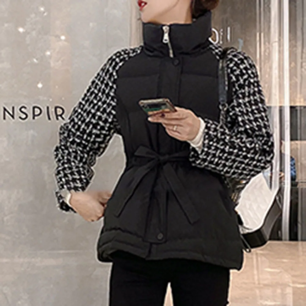 

Winter Cotton Padded Jacket Women Black Houndstooth Jackets Patchwork Thick Parka Warmness Turtleneck Coat Korean Causal Parkas
