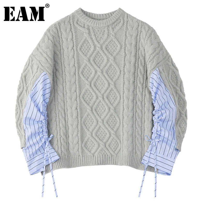 [EAM] Striped Big Size Knitting Sweater Loose Fit