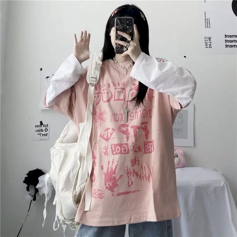 Милая футболка с имитацией двух частей в стиле Харадзюку осенние женские топы