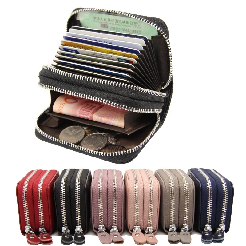 

Head layer cow-leather RFID anti-scan leather organ card bag double zipper unisex neutral change wallet