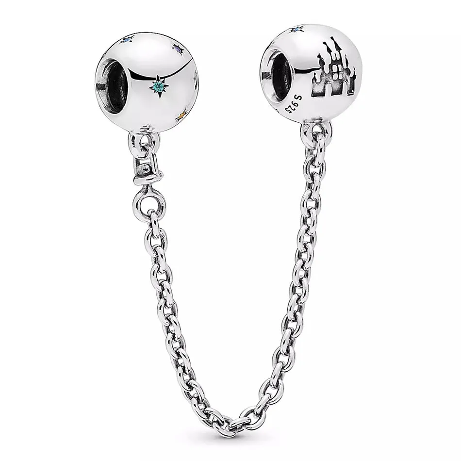 

Authentic 925 Sterling Silver Fantasyland Castle Crystal Safety Chain Charm fit Lady Bracelet Bangle DIY Jewelry