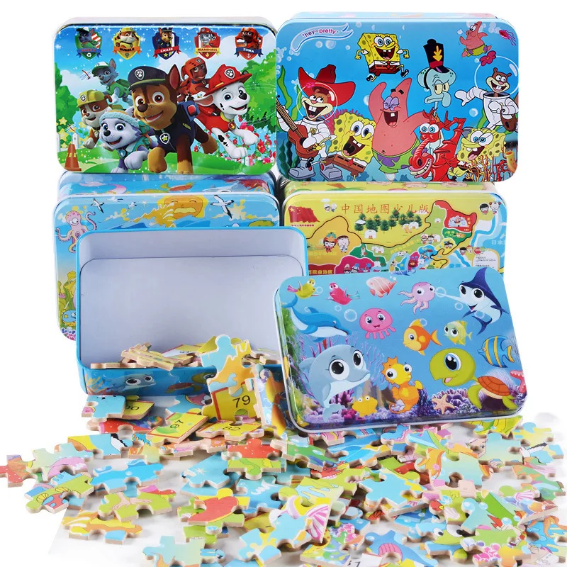 

Non-toxic 100pcs/set Wooden Puzzle Cartoon 3D Wood Puzzle Jigsaw Toys for Children Kids Early Educational Toys (with Iron Box)
