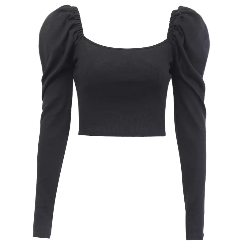 New Autumn Square Collar Short T-shirt Female Thread Retro Puff Sleeve T-Shirt Slim Fitness Sexy Top Tees 3Color