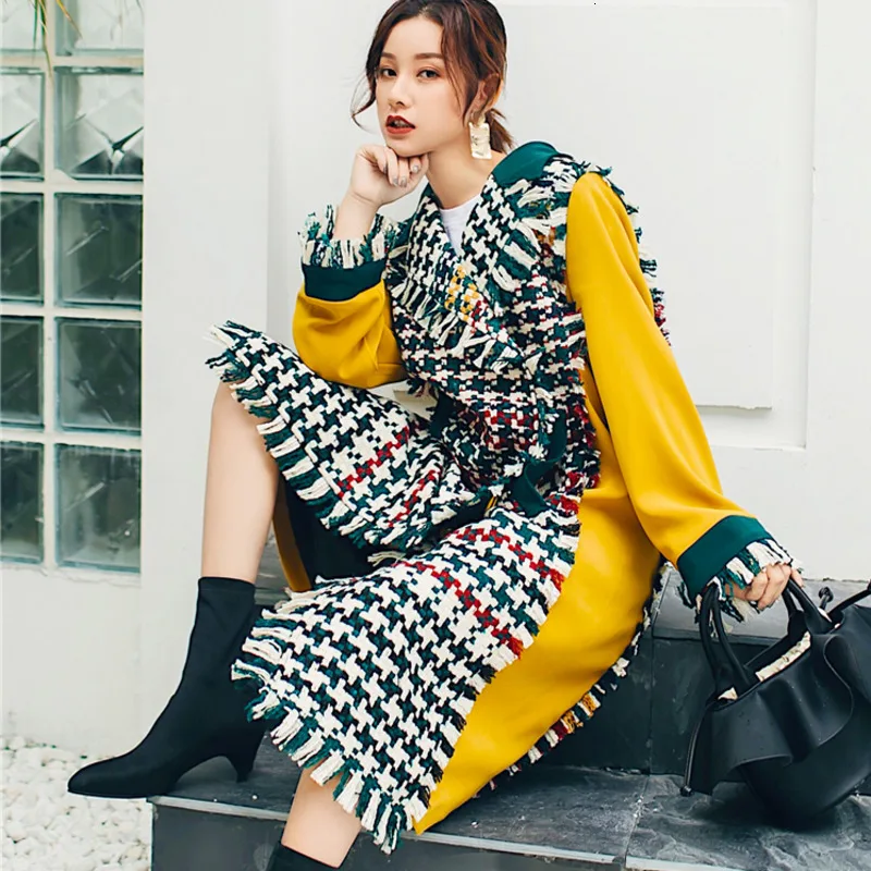 

Fashion Tide New Autumn Winter Tassels Plaided Flare Sleeves Yellow Contrast Green Colots V-neck Loose Big Size Jacket PA157