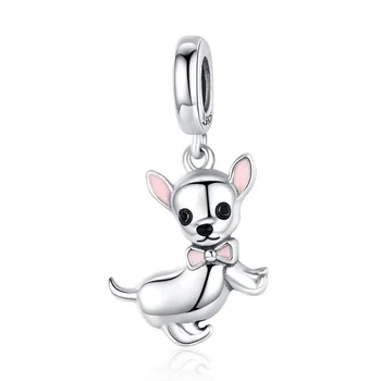 

PANDACH Cute Pet Chihuahua Dog Pendant Charm Silver 925 Original Pink Enamel Ear Fashion Jewelry Gifts Girl Accessories C1317