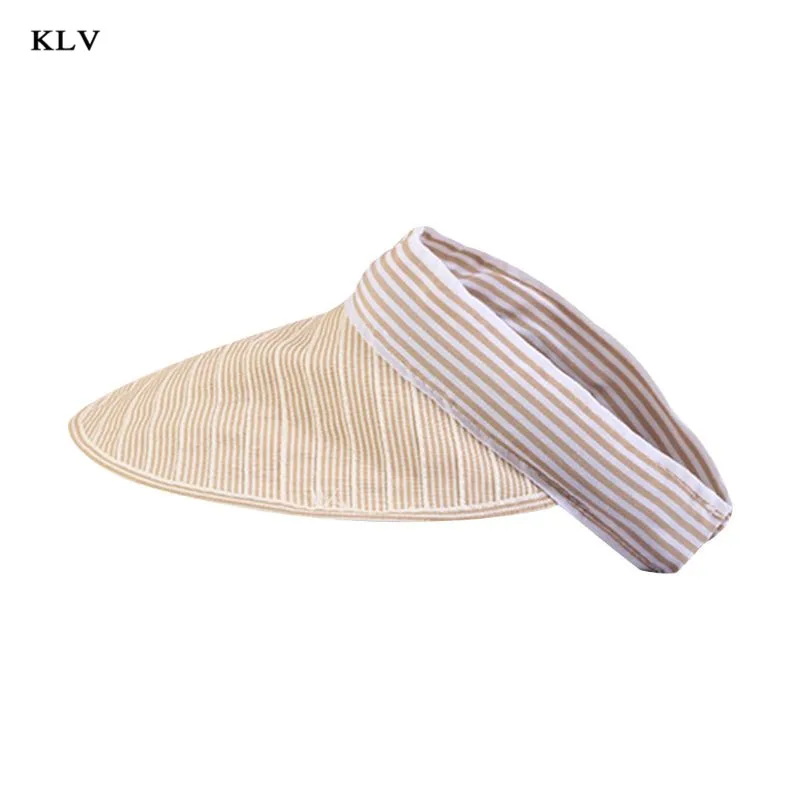 Light Yellow KLV, летняя, винтажная, в полоску, для женщин, девушек, Пустой Топ, солнцезащитный козырек, шляпа, складная, с широкими полями, с защитой от ультрафиолета, для спорта, на открытом воздухе, пляжная кепка - Цвет: Light Yellow