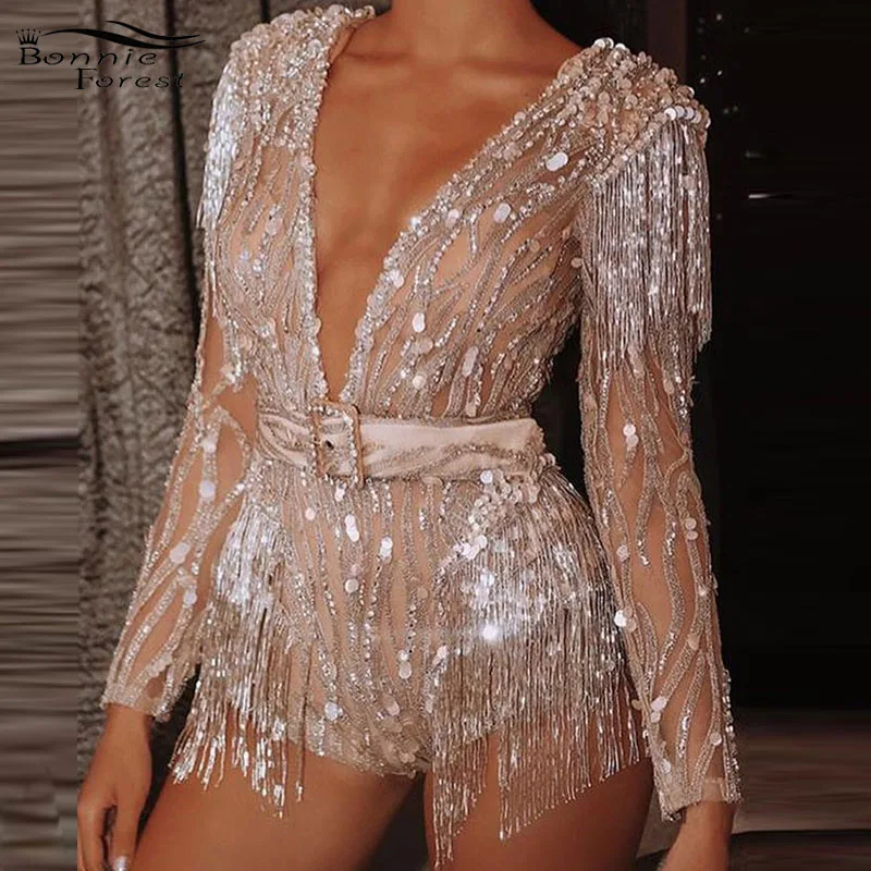 

Bonnie Forest Sparkle Champagne Sequins Belted Romper Women Sexy Deep V Neck Sequins Fringed Short Jumpsuit Birthday Outfits